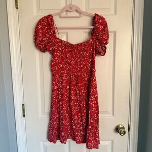Francescas Red Floral Smocked Puff Sleeve Square Neck Mini Jr. Dress Size L